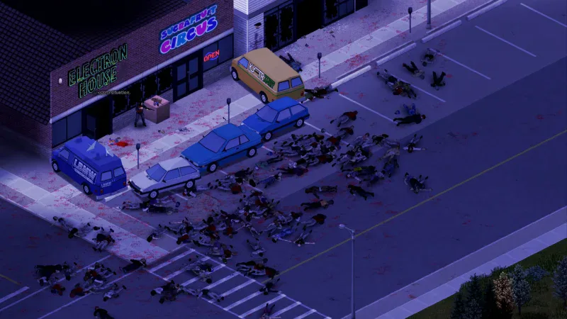 Dead zombies cover a car park outside a shop at night in Project Zomboid