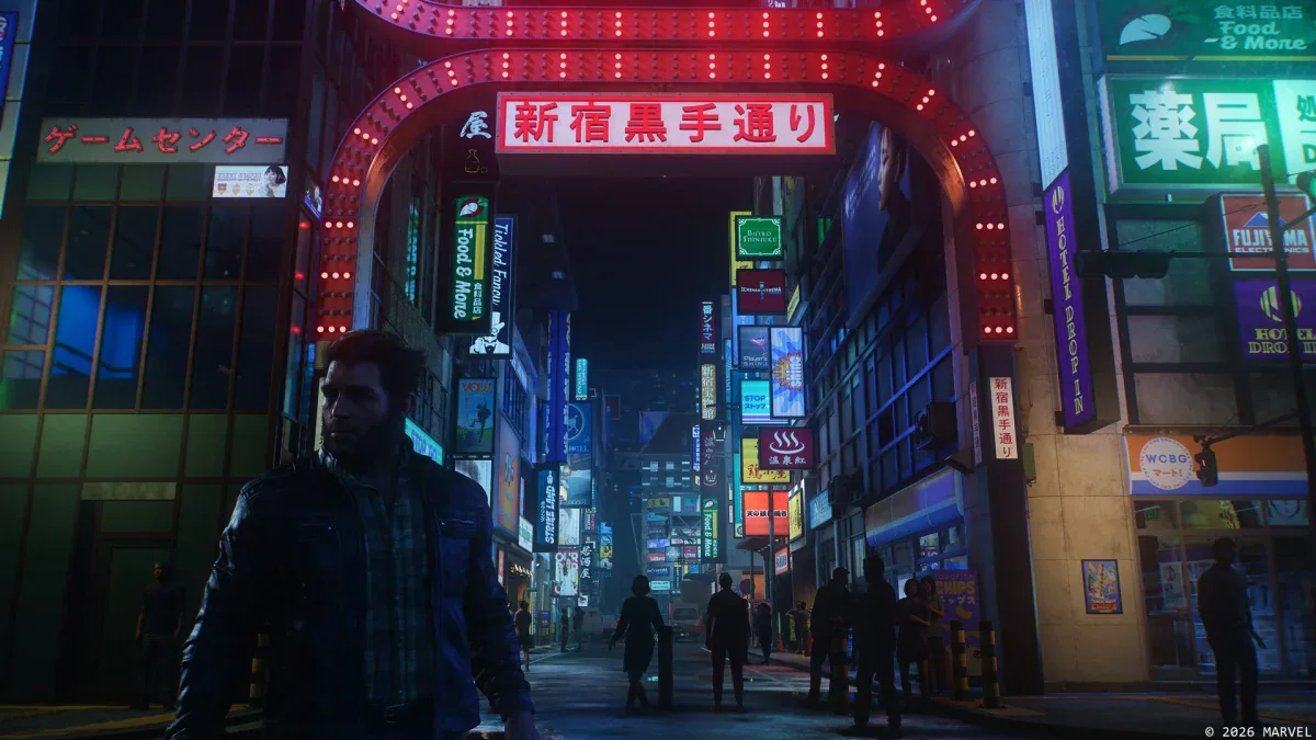 Logan walks down a neon-lit Shinjuku street at night in Marvel's Wolverine on PS5