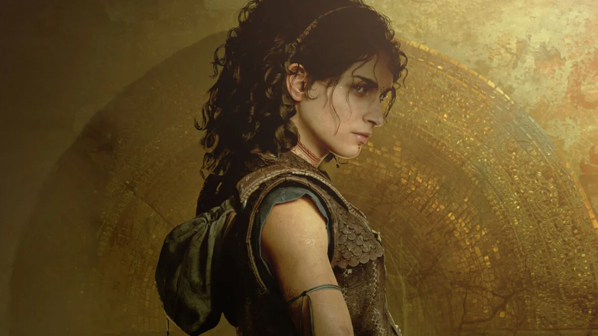 Key art of Sophia in front of a golden Minoan mosaic for Resonance: A Plague Tale Legacy
