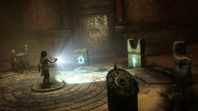 Sophia uses the glowing Minoan sphere to solve a light puzzle in Resonance: A Plague Tale Legacy