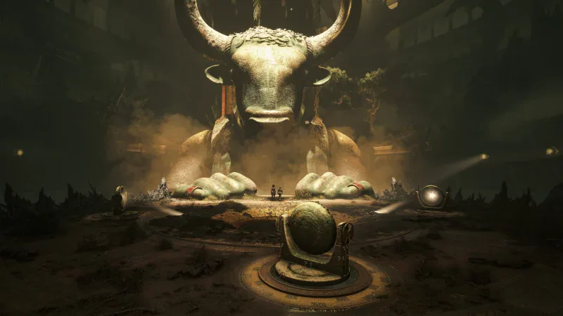 A huge bull-headed statue looms over a chamber in Resonance: A Plague Tale Legacy
