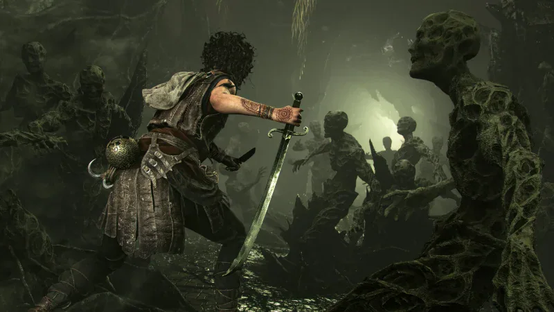 Sophia raises her sword among petrified figures in a dark cave in Resonance: A Plague Tale Legacy