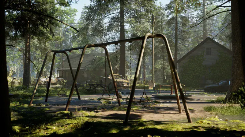 An overgrown playground with rusting swings in the forest in Rooted