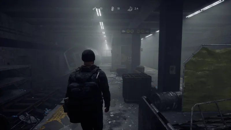 A survivor with a backpack walks through an abandoned underground station in Rooted
