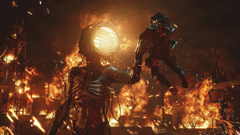 A creature with a glowing spotlight for a head grabs a soldier amid fire in Rules of Engagement: The Grey State