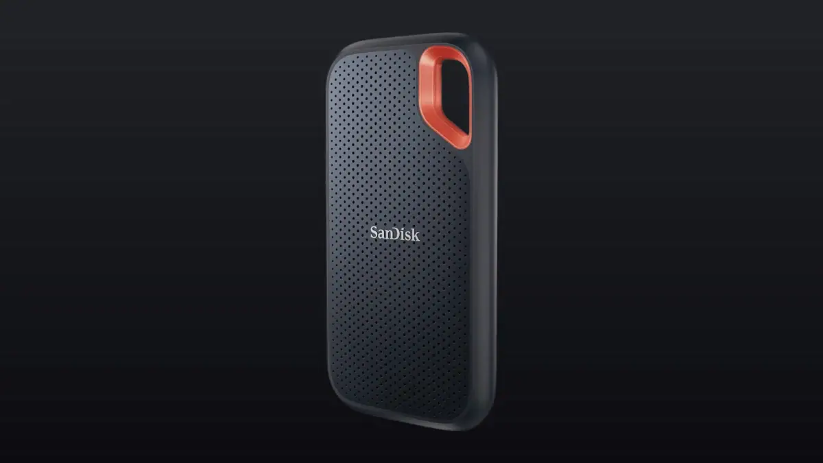 The SanDisk Extreme Portable SSD with its orange carabiner loop