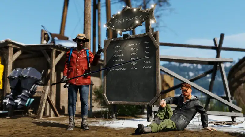 SCUM fishing leaderboard chalkboard with anglers in waders