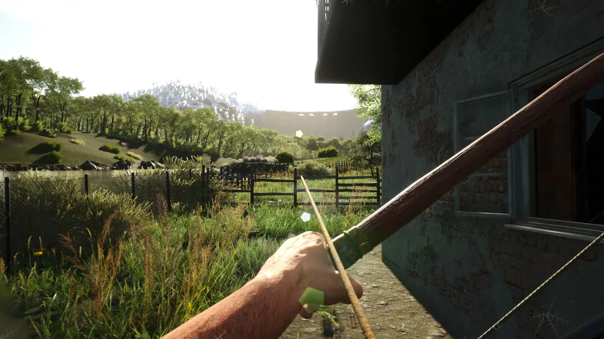 SCUM prisoner drawing a bow in the countryside during the Into the Wild season
