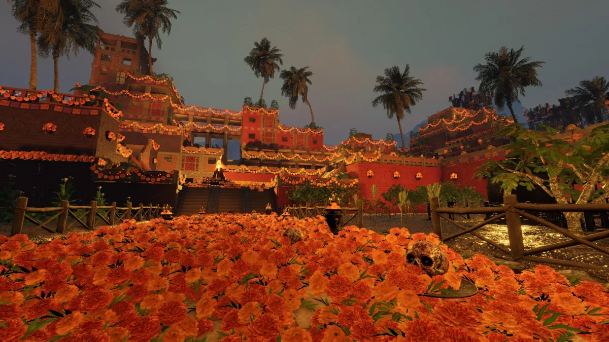 A field of orange marigolds in front of a decorated stone base in the Soulmask Bone Bash DLC