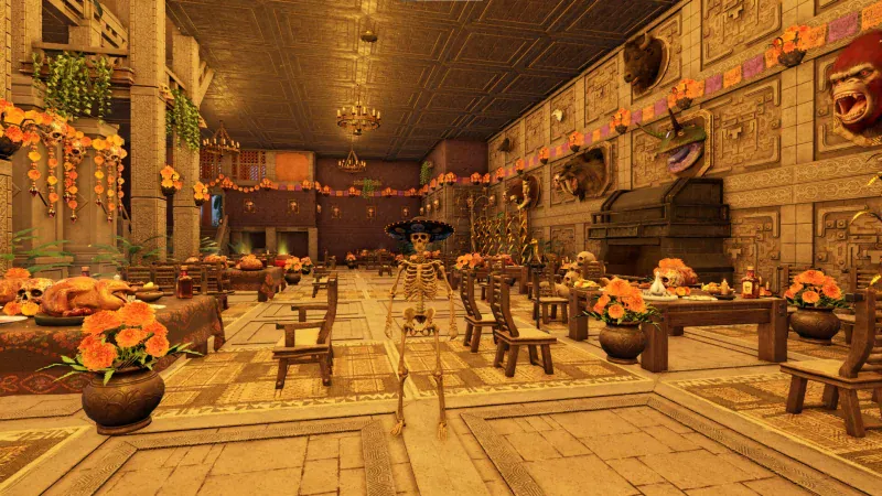 A feast hall decorated with marigolds for Dia de Muertos in Soulmask