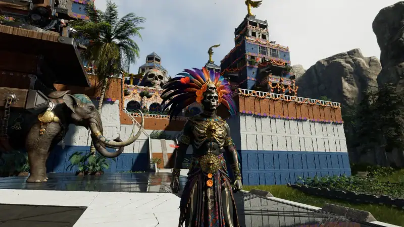 A skeleton chieftain in a feathered headdress, one of the Soulmask Bone Bash skins