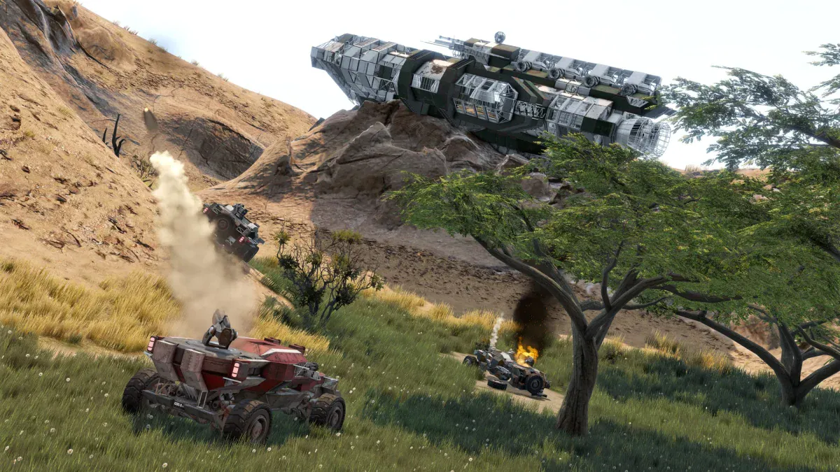 A rover and a large spaceship on a grassy planet in Space Engineers