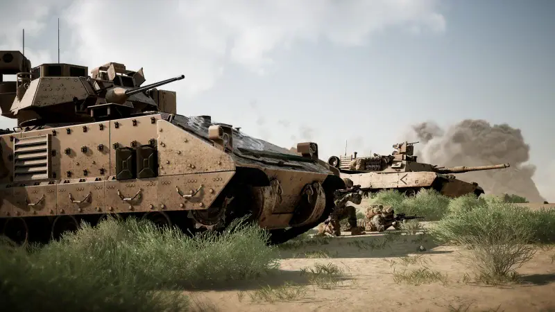 An armoured infantry fighting vehicle in a desert in Squad
