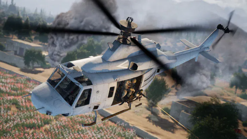 A transport helicopter flies low over a battlefield in Squad