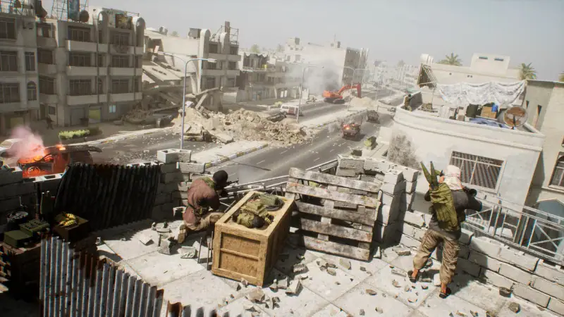 Soldiers fight across rooftops and rubble in a ruined city in Squad