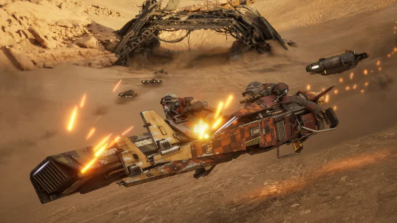 A speeder takes fire in a desert race in Star Wars: Galactic Racer