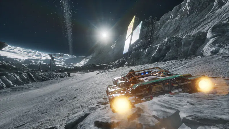 A landspeeder races across a snowy planet under a bright sun in Star Wars: Galactic Racer