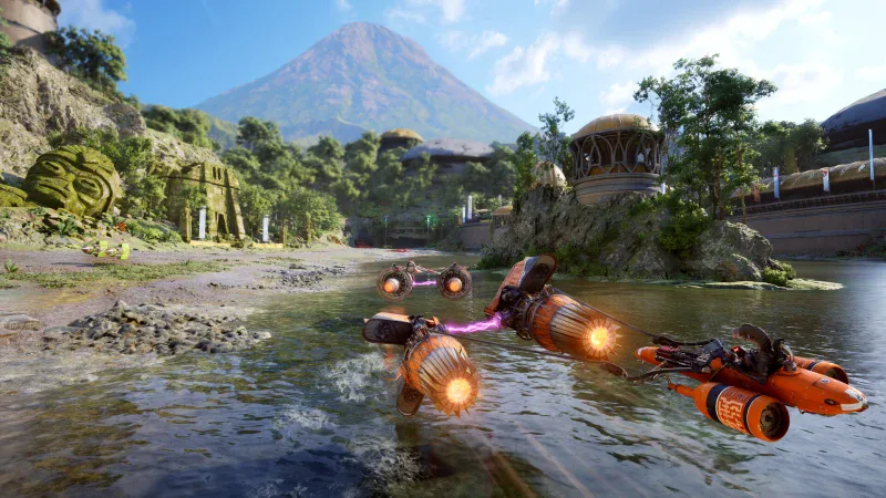 Racers speed through a jungle river past a volcano in Star Wars: Galactic Racer