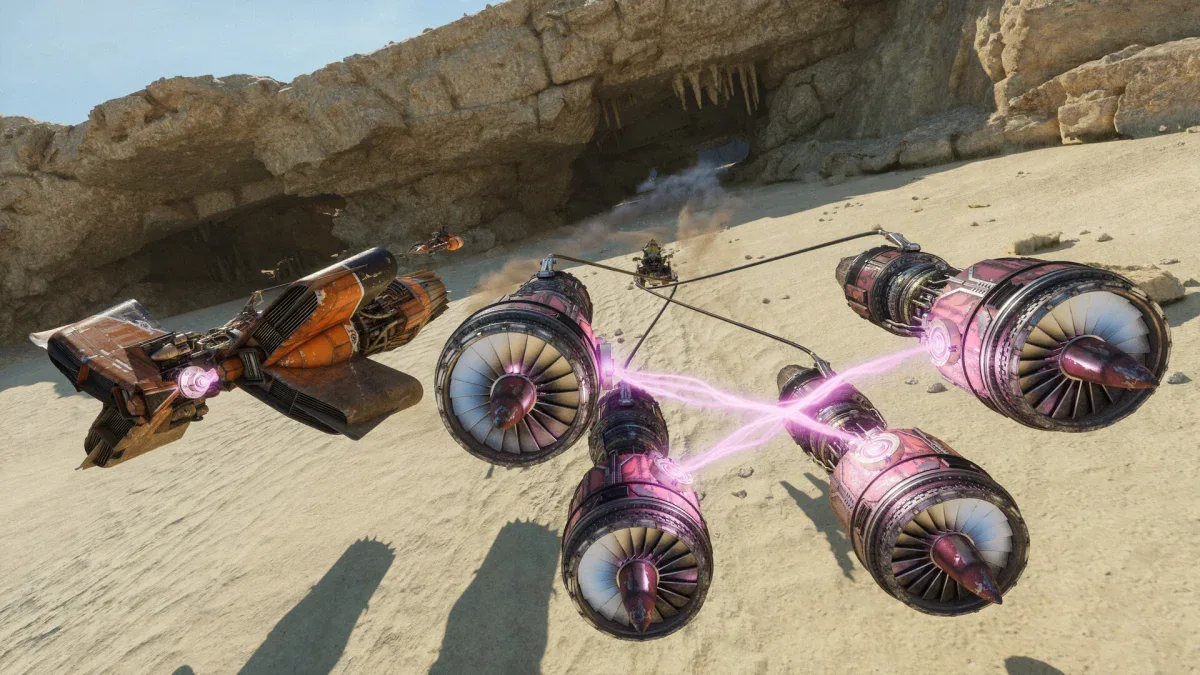 Two podracers race across a desert canyon in Star Wars: Galactic Racer