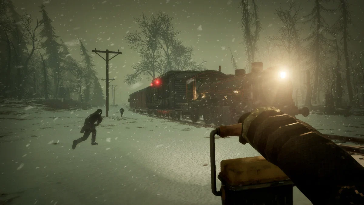 A survivor runs from a steam train through a snowstorm in Frostrail