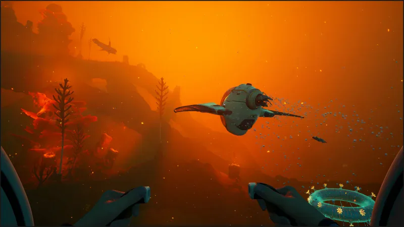 A Tadpole submersible glides through hazy orange water in Subnautica 2