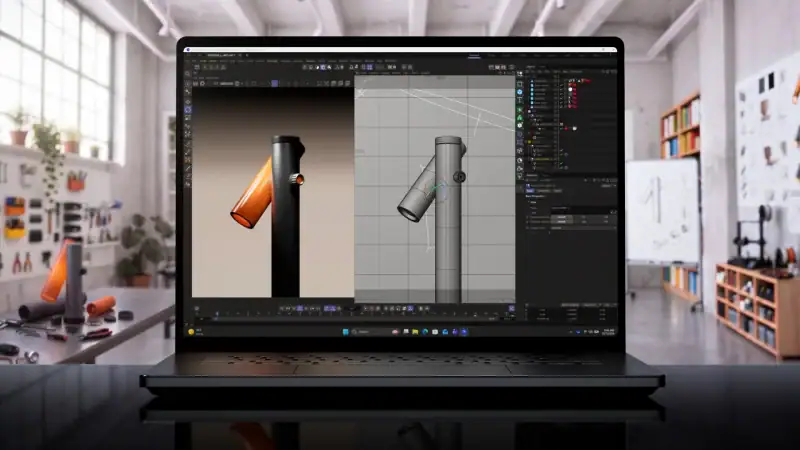 The Surface Laptop Ultra's 15-inch Mini-LED display running 3D software in a studio