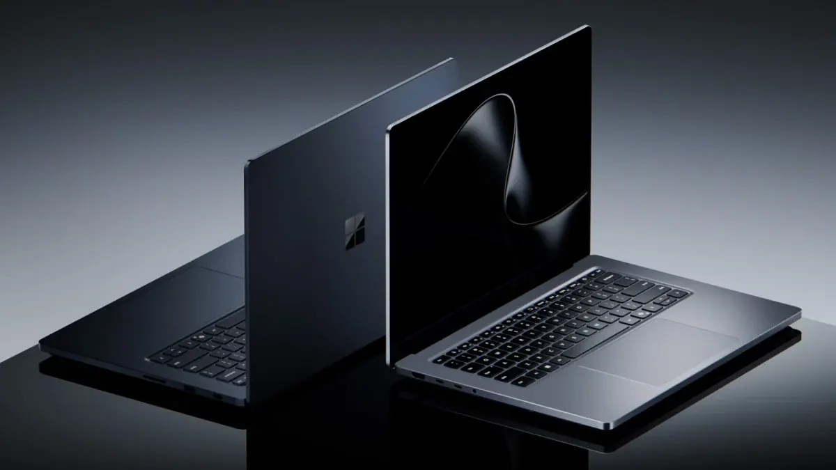 Two Microsoft Surface Laptop Ultra laptops in dark graphite on a reflective table