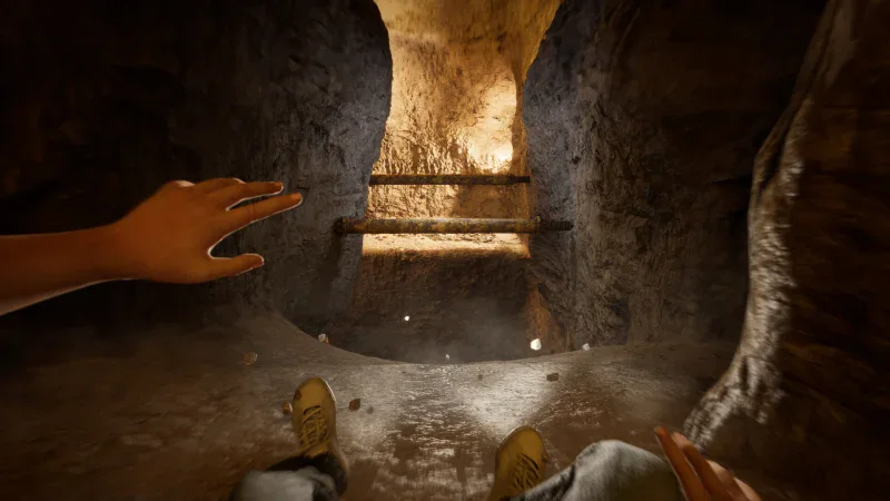 Sliding through a narrow cave tunnel under the attraction in Terrible Lizards