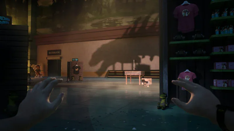 The abandoned gift shop at Dalton's Dinos with a dinosaur shadow on the wall in Terrible Lizards