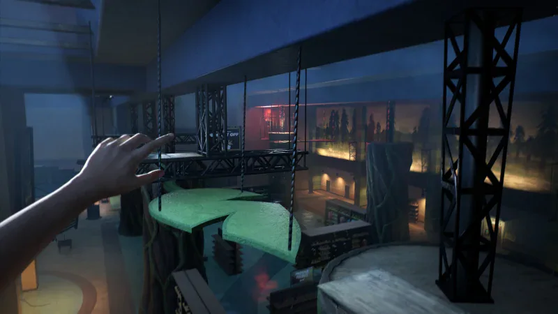 First-person parkour jump between platforms in a dark backstage area in Terrible Lizards