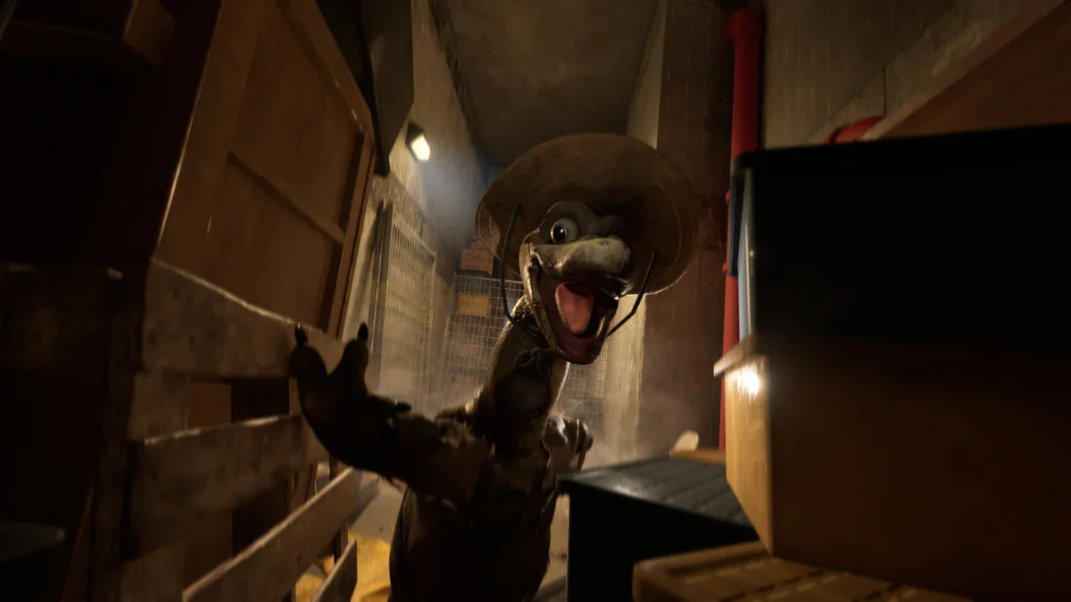 A cowboy-hatted dinosaur mascot animatronic lunges through a doorway in Terrible Lizards