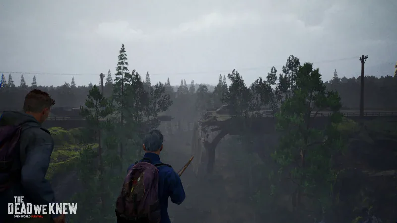 Two co-op survivors look out over a fog-covered valley and a broken bridge in The Dead We Knew