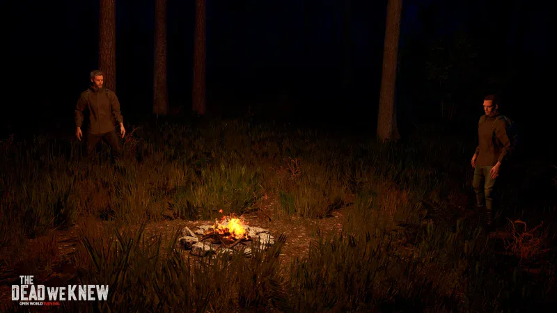 Two survivors stand by a campfire in a dark forest at night in The Dead We Knew