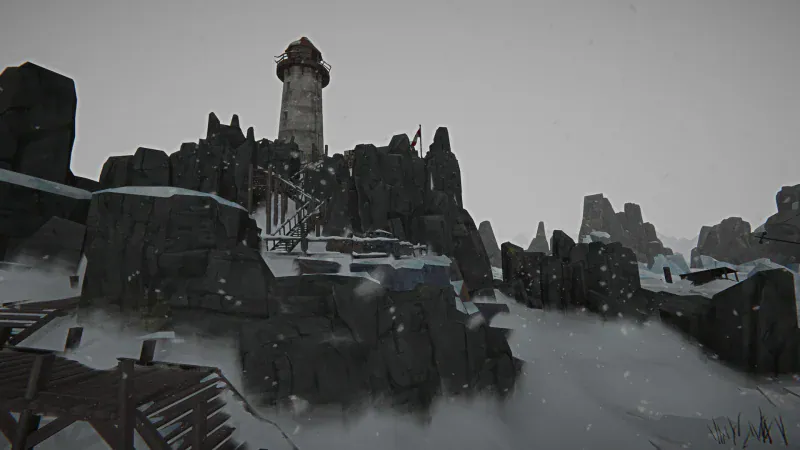 A lighthouse and abandoned buildings perched on a rocky outcrop on Cauldron Island in The Long Dark: Iron Road