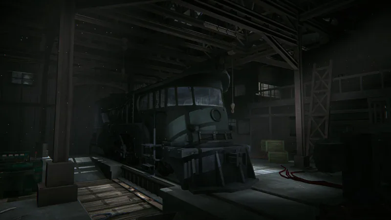 The century-old Prototype Train standing in a dark engine shed in The Long Dark: Iron Road