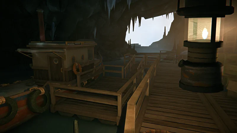 A lantern lights the wooden interior of the train in The Long Dark: Iron Road