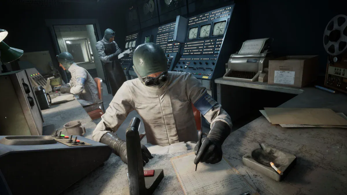 Masked Murkoff staff monitor test subjects from a 1950s control room in The Outlast Trials