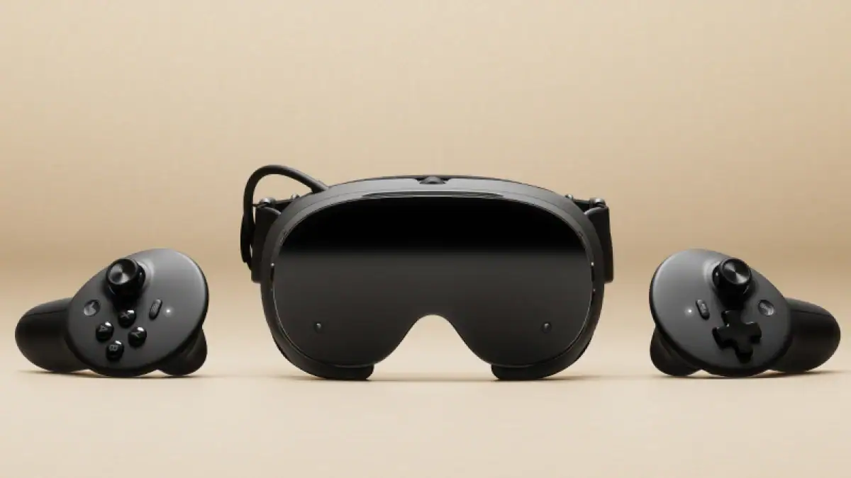 Valve Steam Frame VR headset with its two gamepad-style controllers