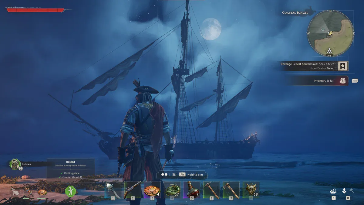 A pirate captain stands on a moonlit shore before an anchored galleon in Windrose