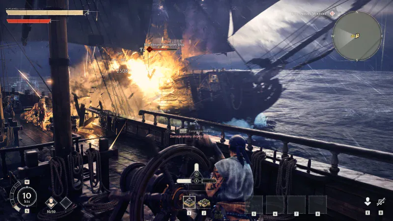 A pirate fires a deck cannon at an enemy ship during a sea battle in Windrose