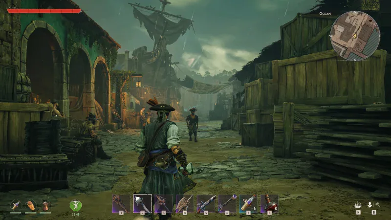 A pirate walks through a wooden harbour town in Windrose