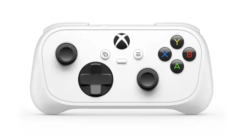 Front view of the white Xbox Nano Controller with its full set of buttons and two sticks