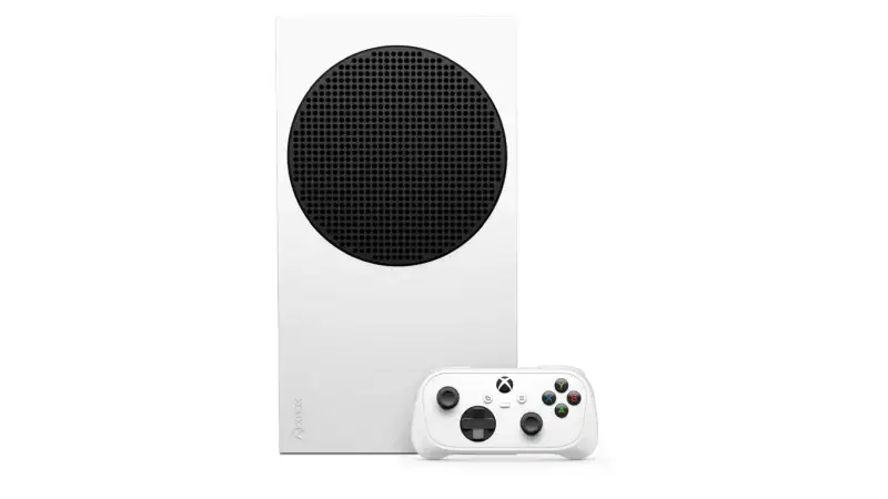 The Xbox Nano Controller in front of an Xbox Series S console