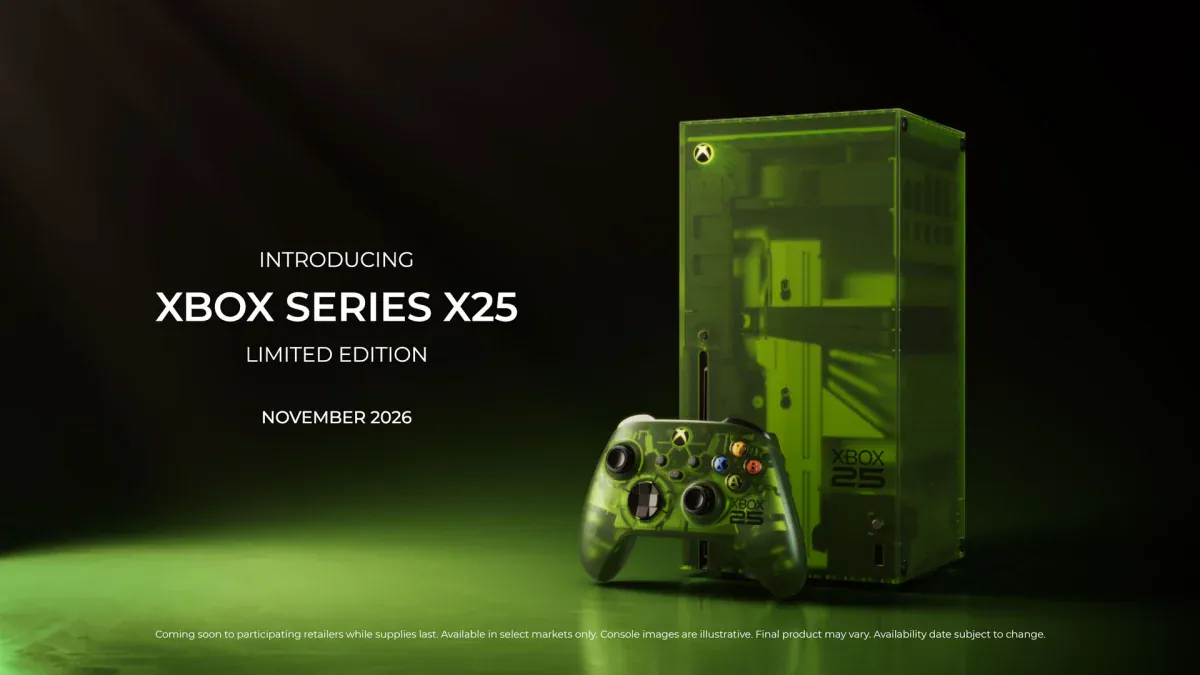 Xbox Series X25 Limited Edition console and X25 controller in translucent OG Green