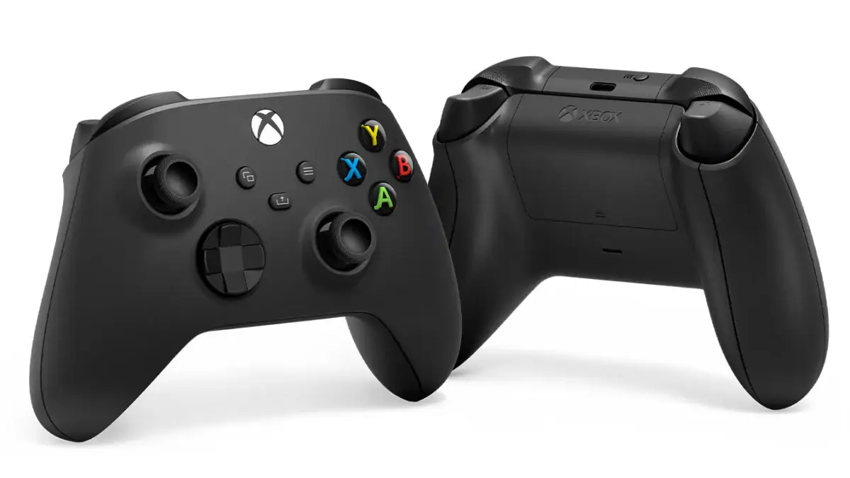 Two black Xbox Wireless Controllers shown from the front and back