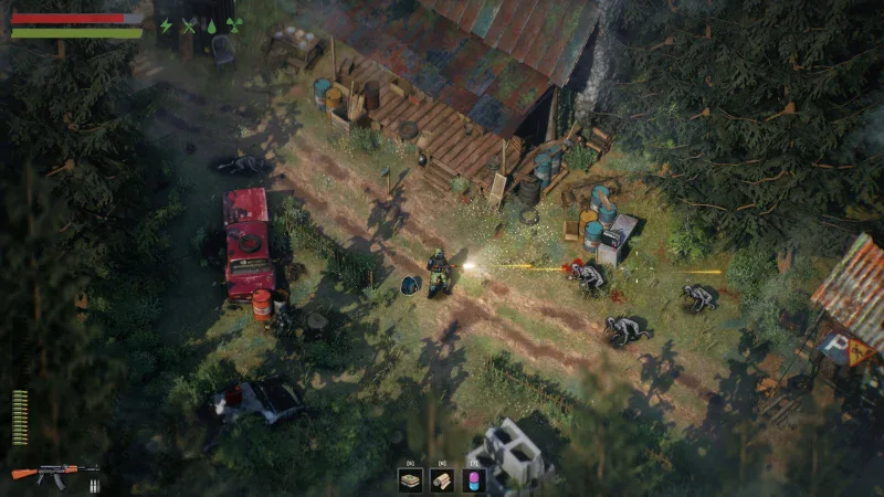 Top-down view of a bandit camp in the forest of the Zakov Exclusion Zone in ZERO Sievert 2