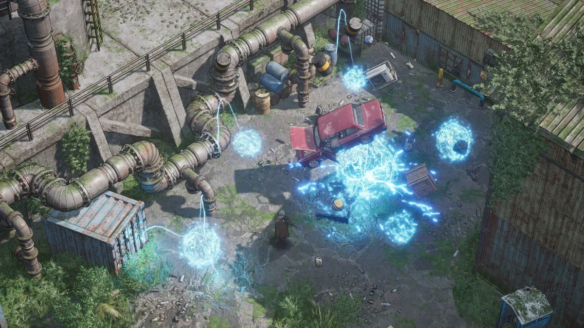Hunters fight near glowing blue anomalies in a ruined yard in ZERO Sievert 2