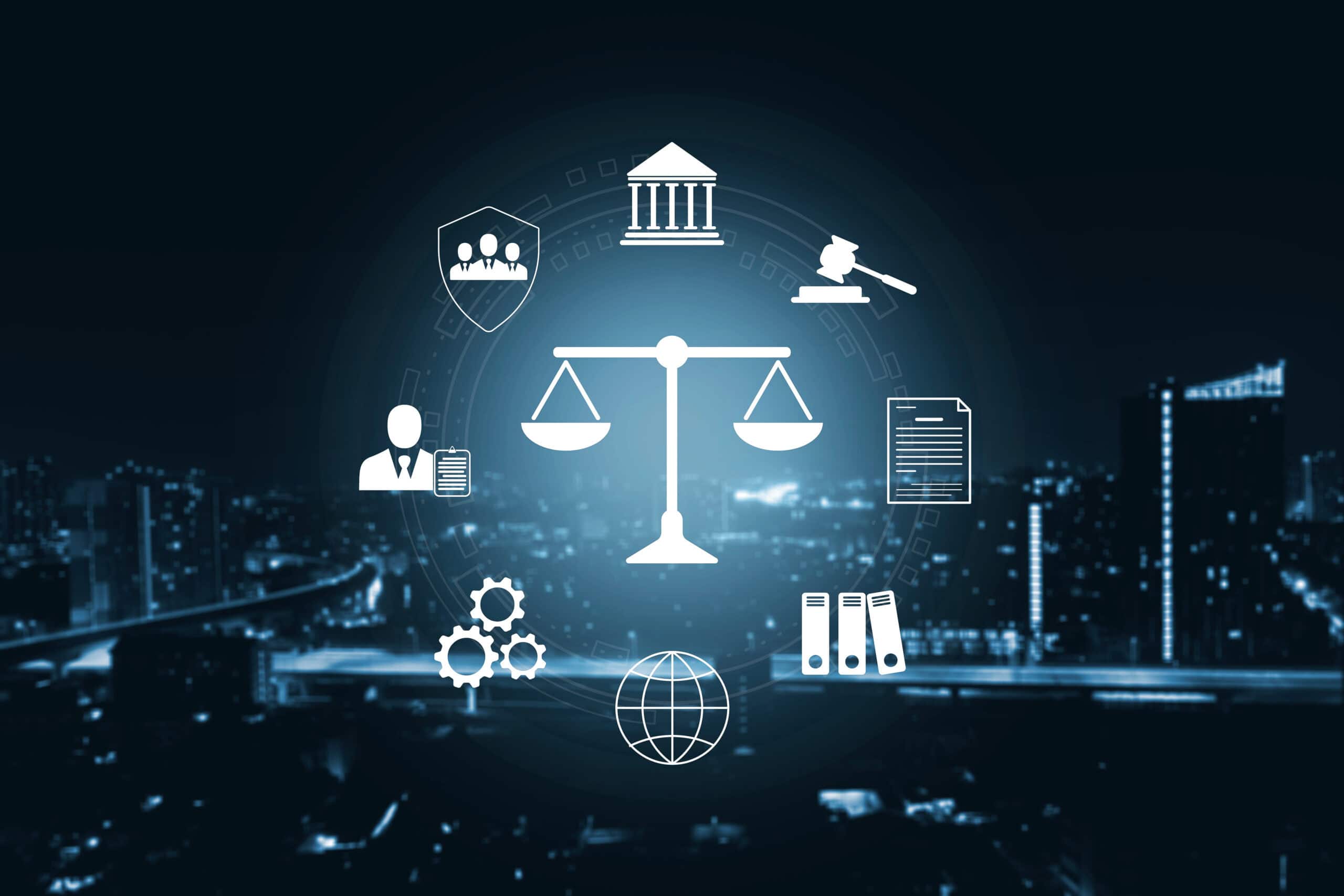 Legal justice and law system concept with balance scale and courthouse icons.