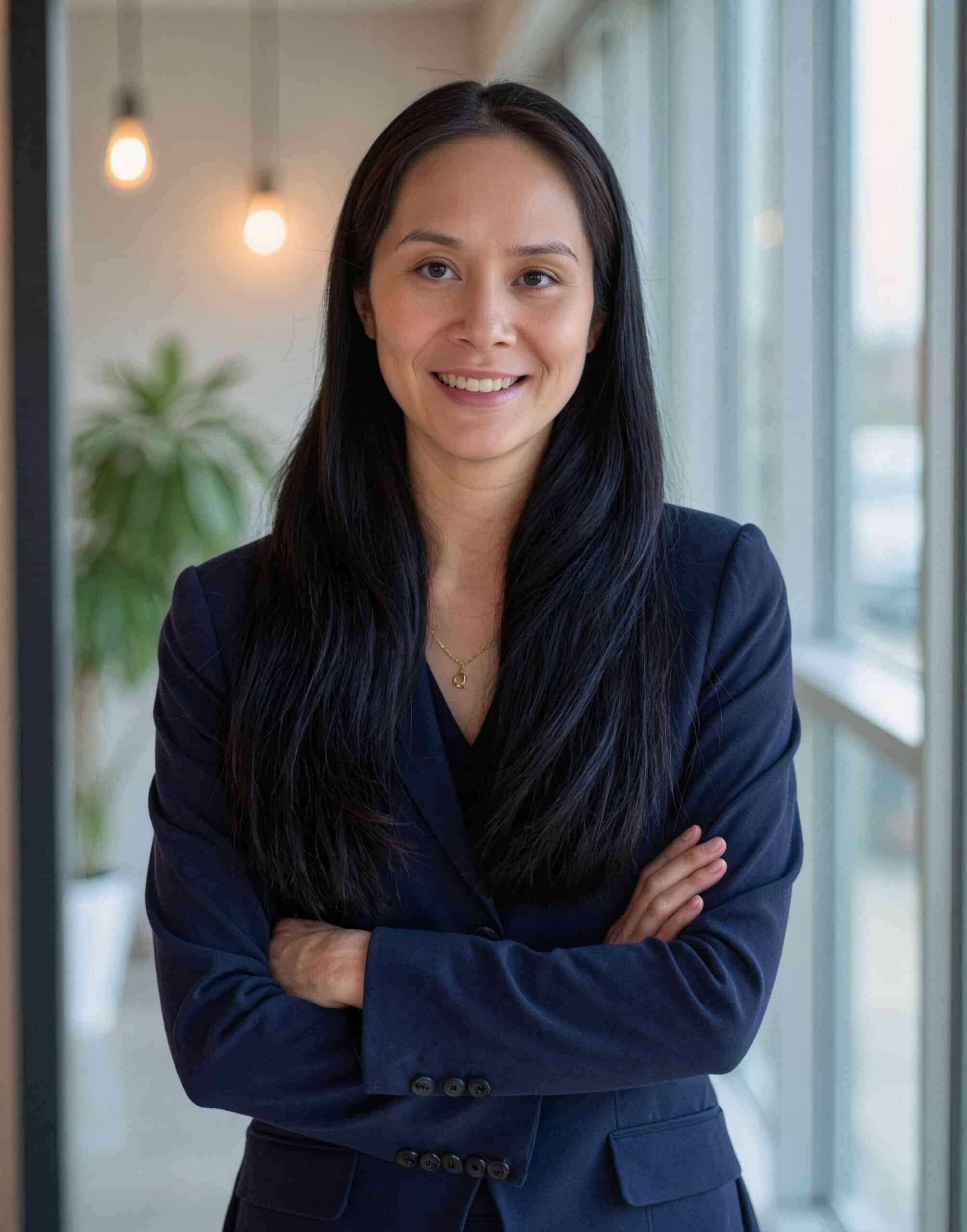 Professional woman with dark hair in a navy blazer smiling in a modern office.