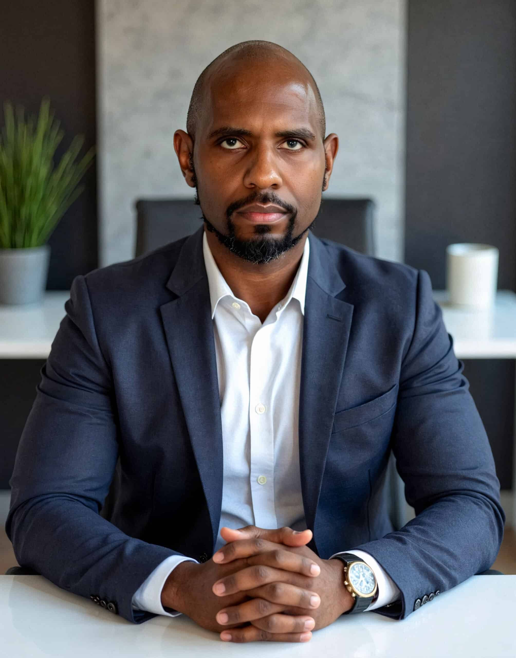 Portrait of a confident Black man in formal business attire in a modern office setting.